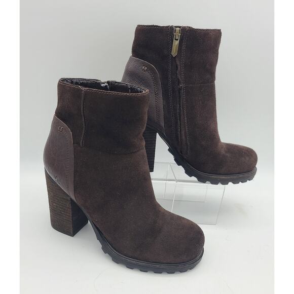 Sam Edelman Shoes - Sam Edelman Brown Suede & Leather Stacked 4" Heel Ankle Booties Lug Sole Sz 7.5